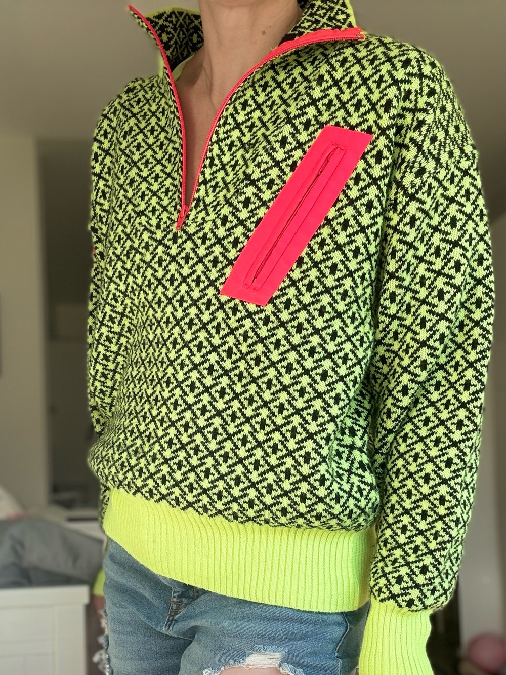 Obermeyer vintage ski Neon Lime and Hot Pink Half-Zip Turtleneck Sweater